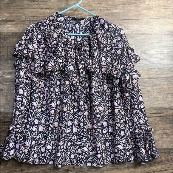 J. Crew Black and Pink Floral Ruffle Blouse - Picture 1 of 6